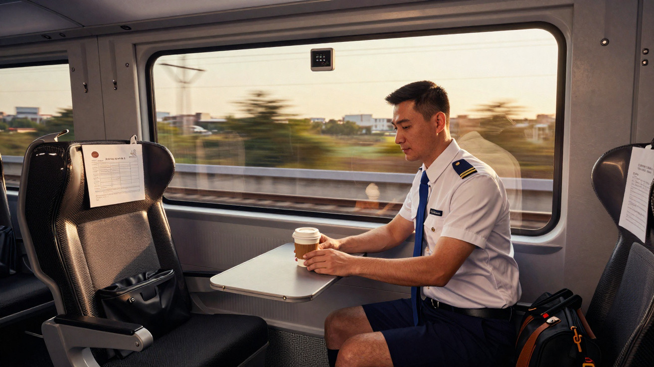 Homem vestido de uniforme sentado no trem segurando copo de café em mesa próxima à janela.