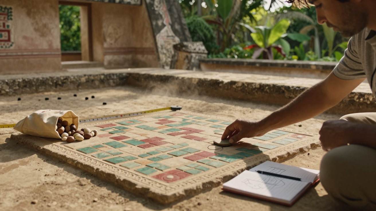 Homem jogando jogo de tabuleiro tradicional em pedra com peças e caderno ao lado em ambiente externo.