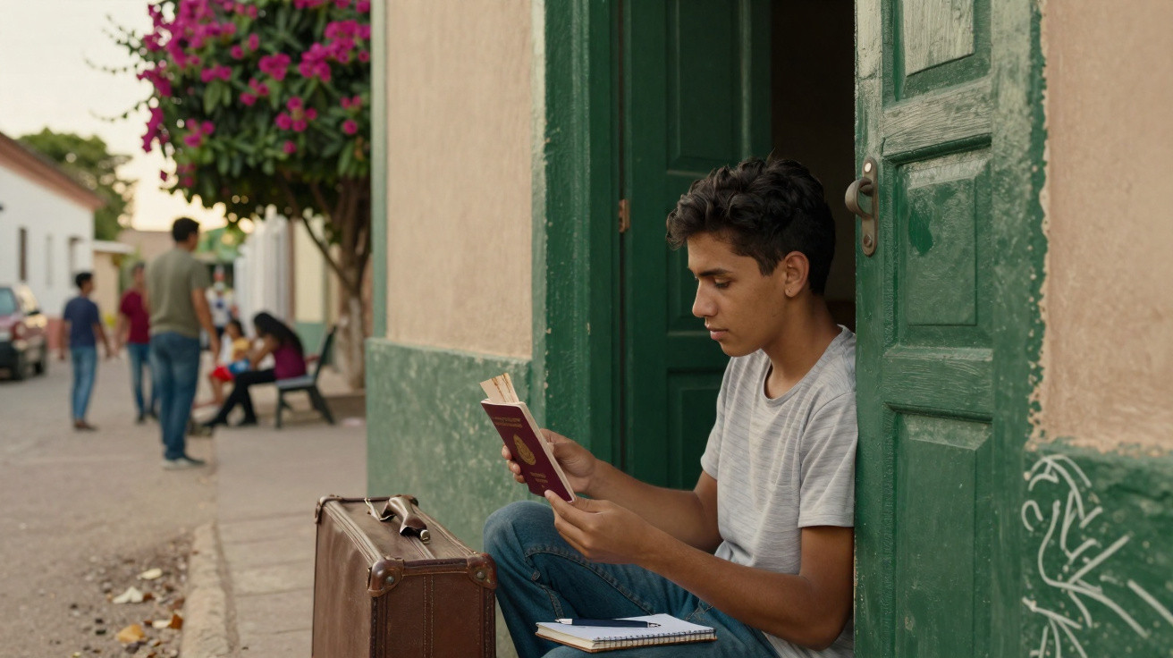 Jovem sentado na porta de casa lendo um livro, com mala ao lado, em rua com pessoas ao fundo.