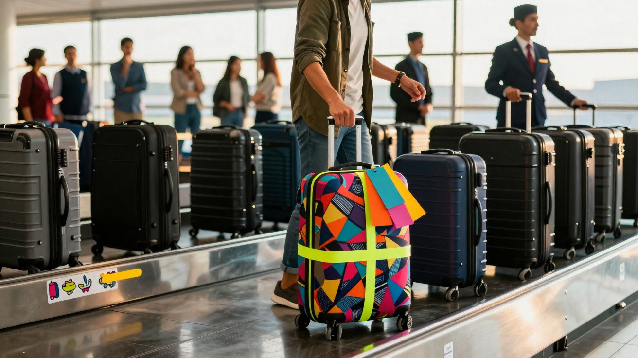 Pessoa com mala colorida ao lado de bagagens pretas em esteira de aeroporto, com pessoas e funcionários ao fundo.