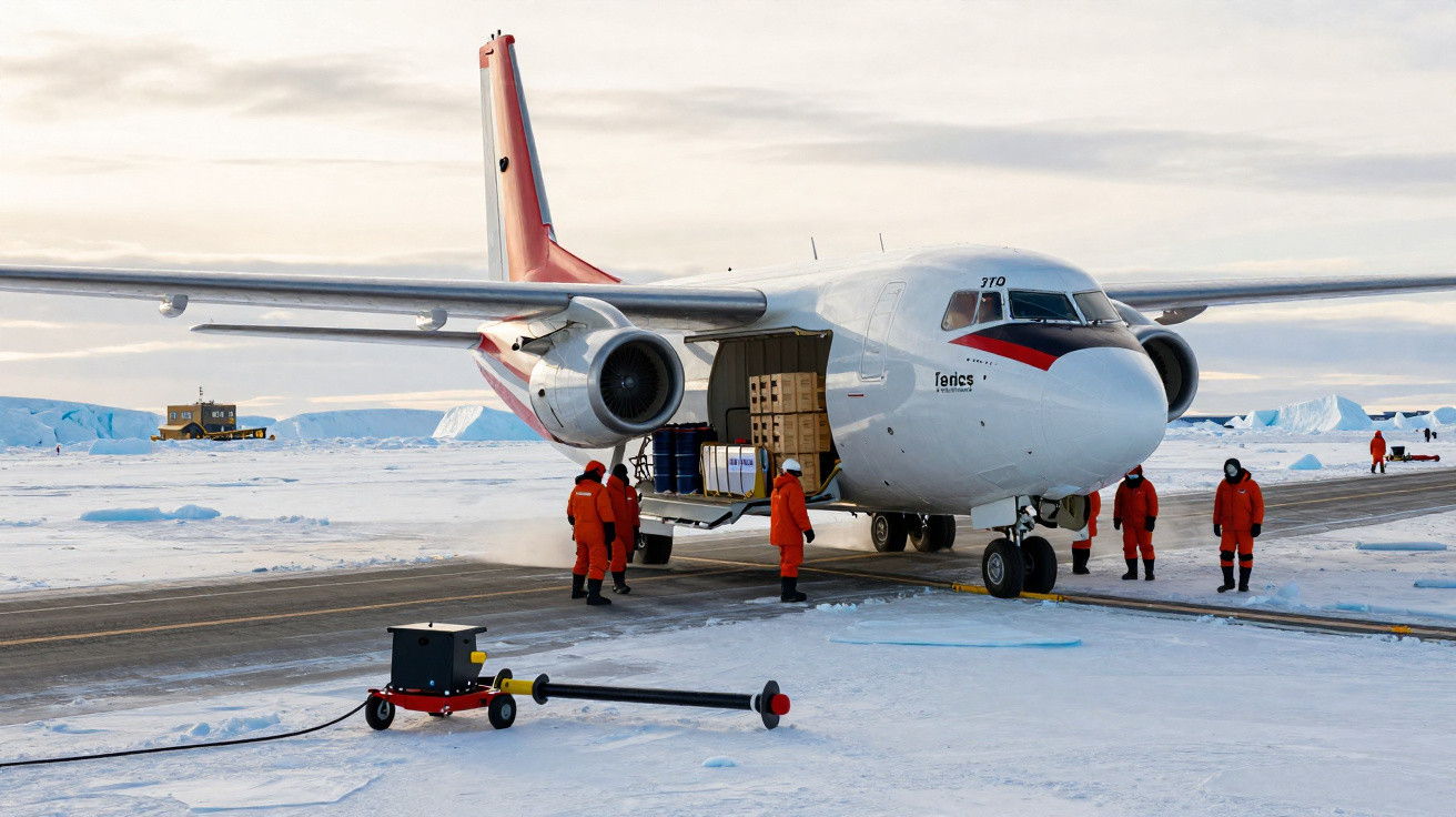 Avião de carga no gelo com pessoas vestindo roupas vermelhas realizando logística na Antártica.