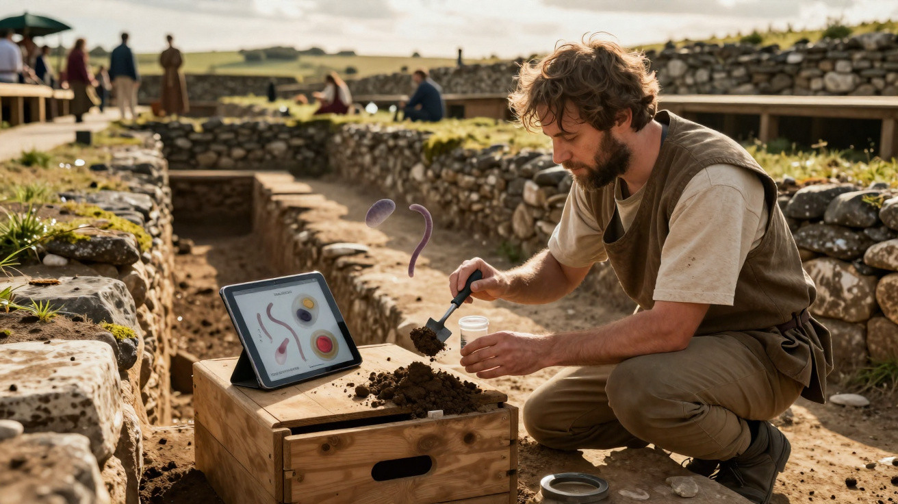 Homem escavando terra durante escavação arqueológica com tablet mostrando imagens de parasitas.