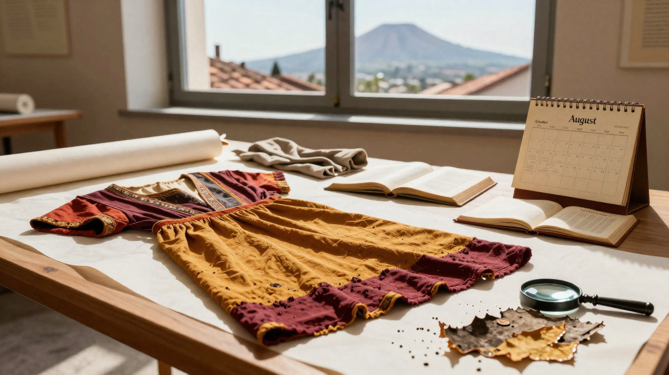 Vestido colorido sobre mesa com lupa, folhas secas e calendário em ambiente iluminado por janela.