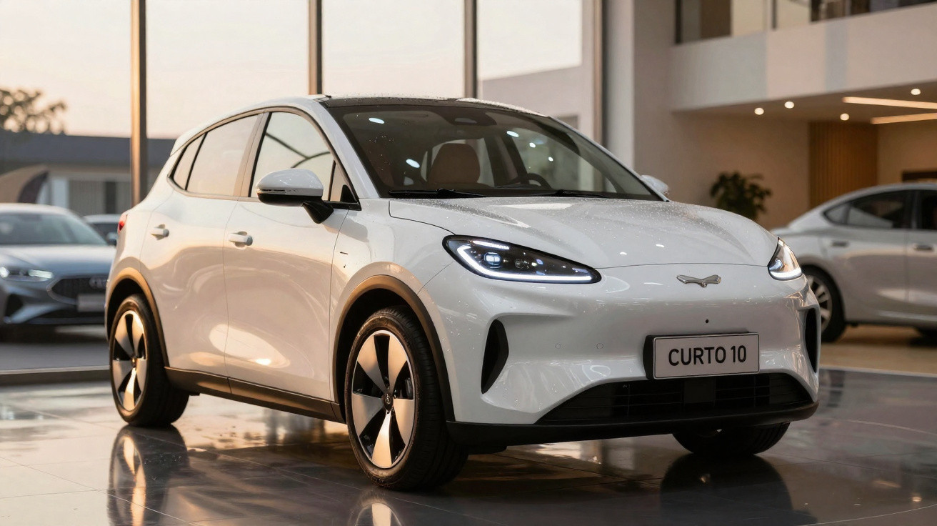 Carro elétrico branco estacionado em ambiente interno com faróis acesos e placa personalizada "CURTO 10".