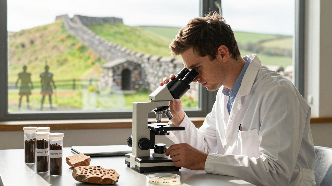 Homem de jaleco branco usando microscópio em laboratório com amostras e janela ao fundo com paisagem verde.