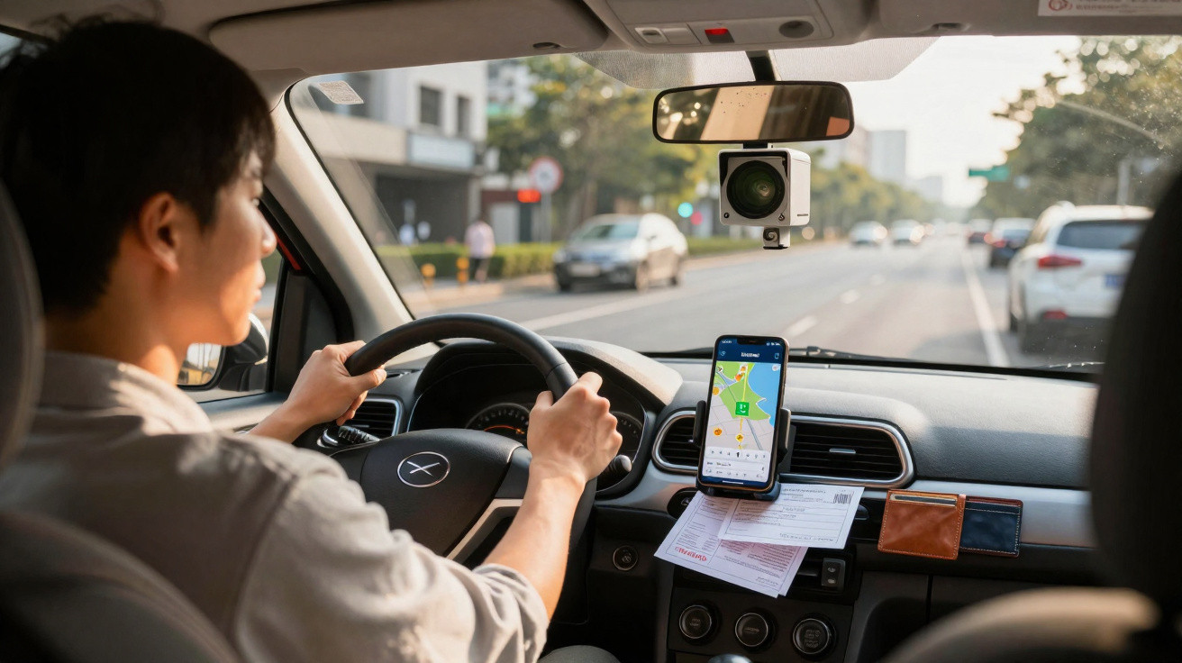 Pessoa dirigindo carro com GPS no celular e câmera no para-brisa em estrada urbana movimentada.