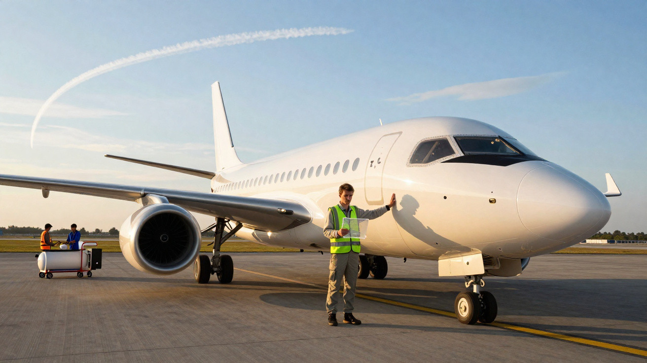 Homem com colete refletivo faz sinal ao lado de avião branco estacionado em pista ao entardecer.