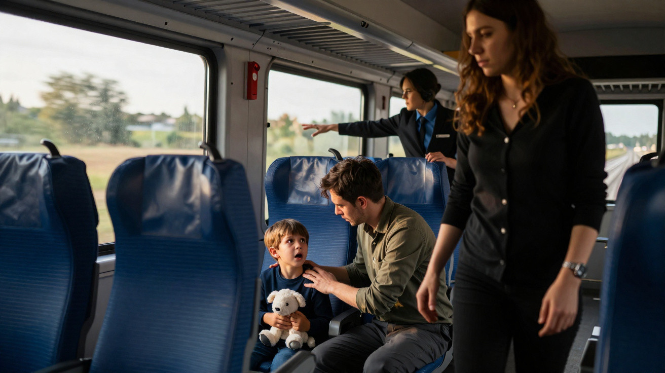 Pai conversando com filho com ursinho em trem, com passageira e funcionária ao fundo.