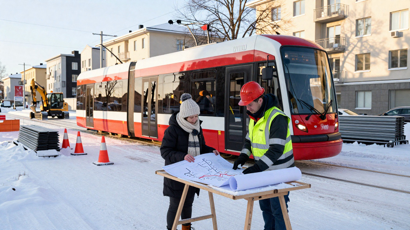 Engenheiros analisam planta ao lado de bonde vermelho em via com neve e cones de sinalização.