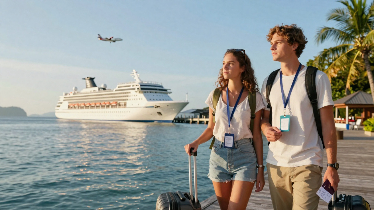 Casal jovem com mochilas e malas caminhando no píer com navio e avião ao fundo em clima de viagem.