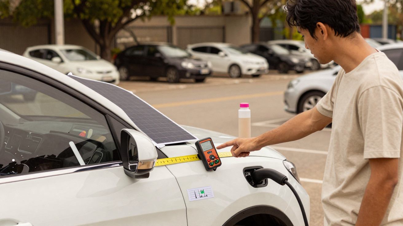 Homem mede painel solar instalado no capô de carro elétrico branco em estacionamento.