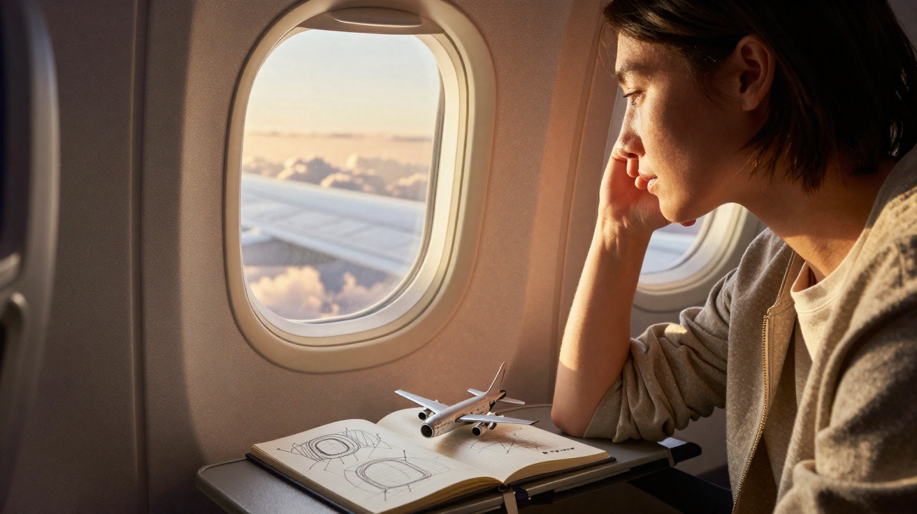 Pessoa olhando pela janela de avião com caderno e miniatura de avião na mesa dobrável ao lado.