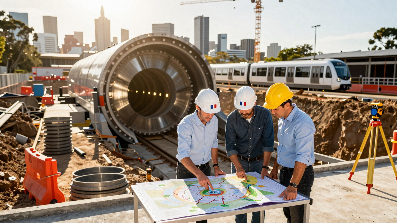Três engenheiros com capacetes analisam planta em obra de túnel ao lado de trilhos e trem em cidade.