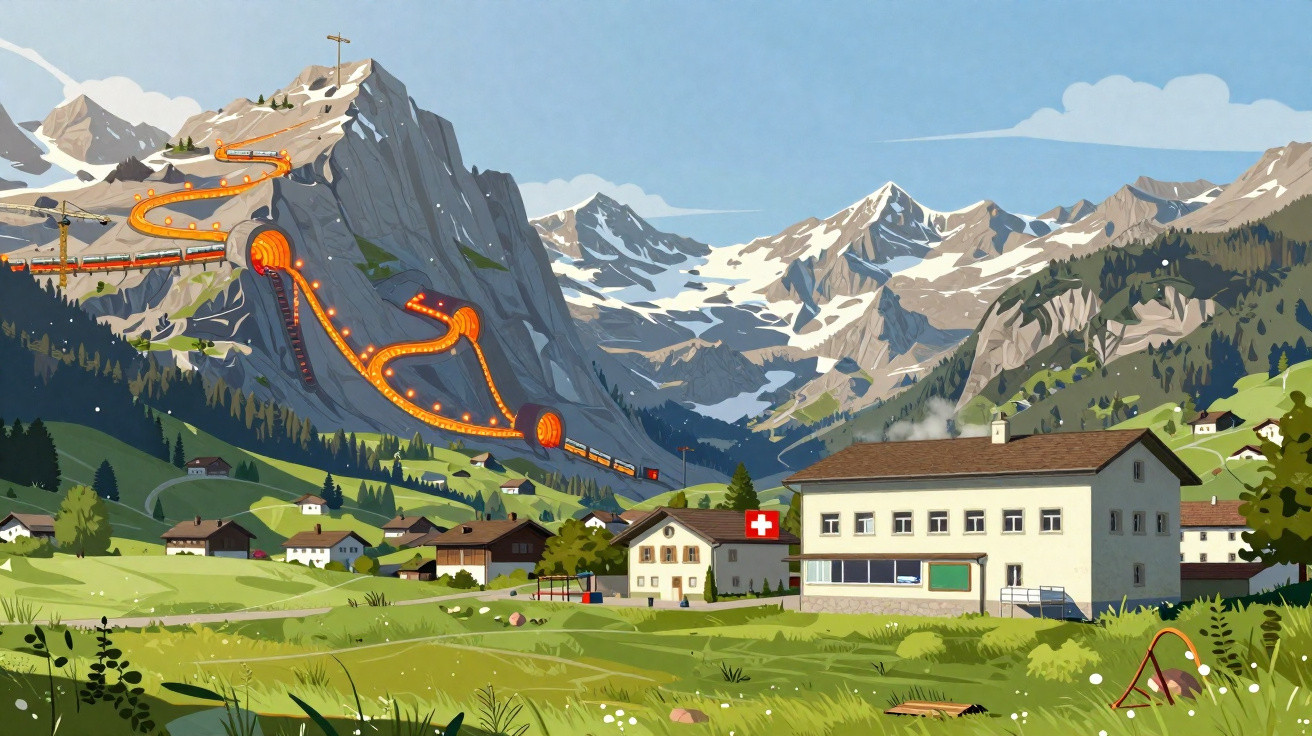 Paisagem alpina com montanhas nevadas, vila suíça e trem laranja em trilhos sinuosos na montanha.