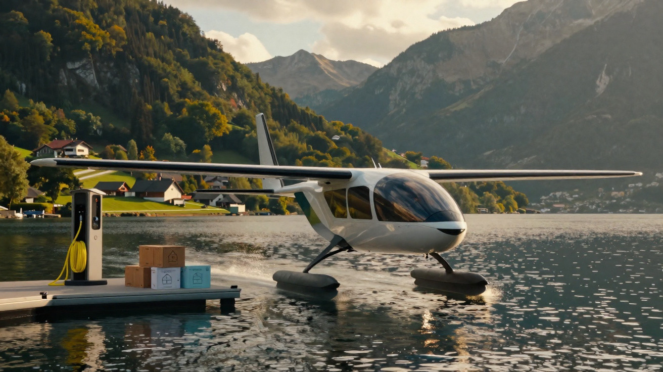 Avião anfíbio elétrico branco atracado em lago cercado por montanhas e casas ao entardecer.