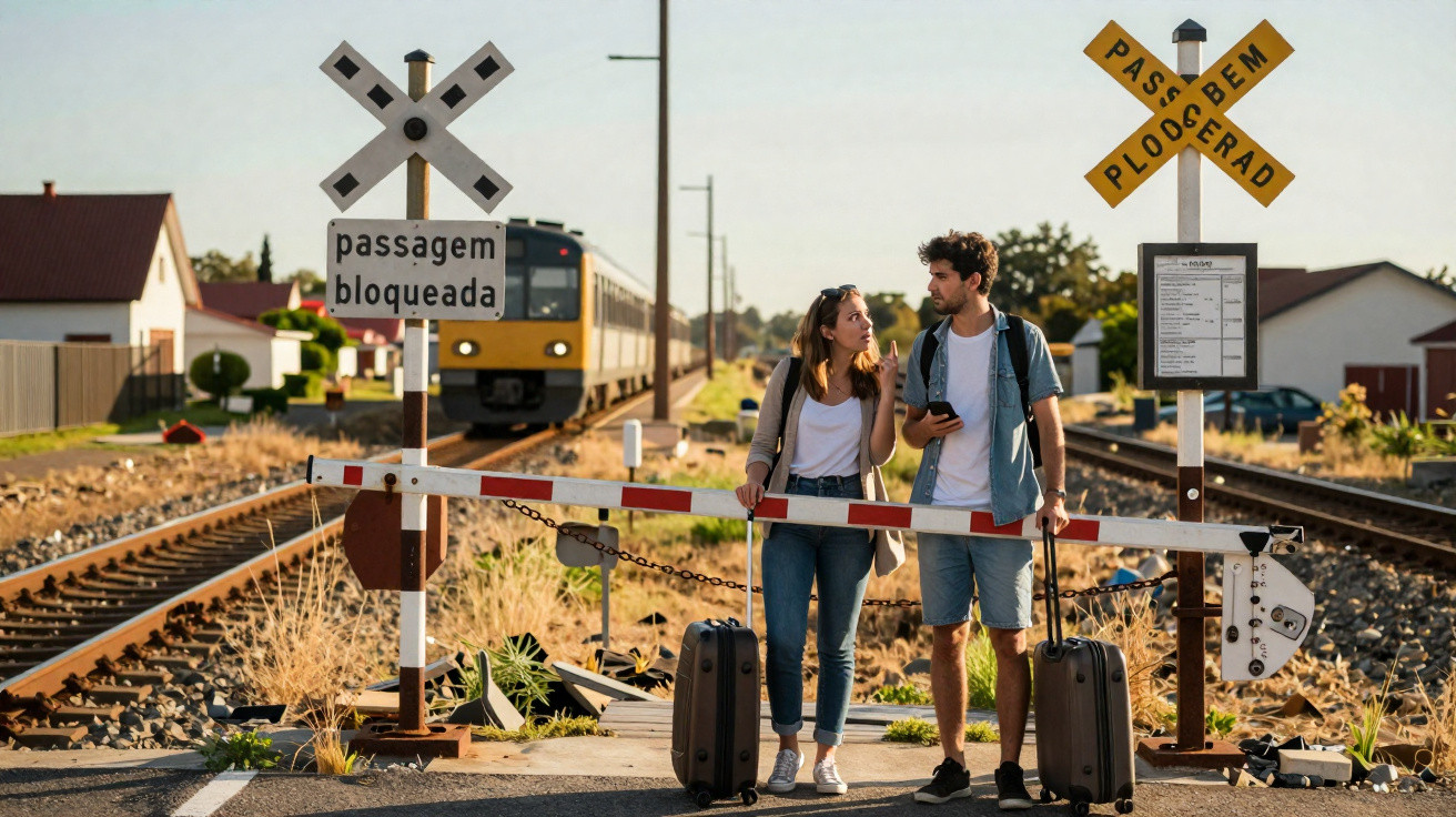 Casal com malas esperando atrás da cancela fechada na passagem de nível com trem se aproximando.