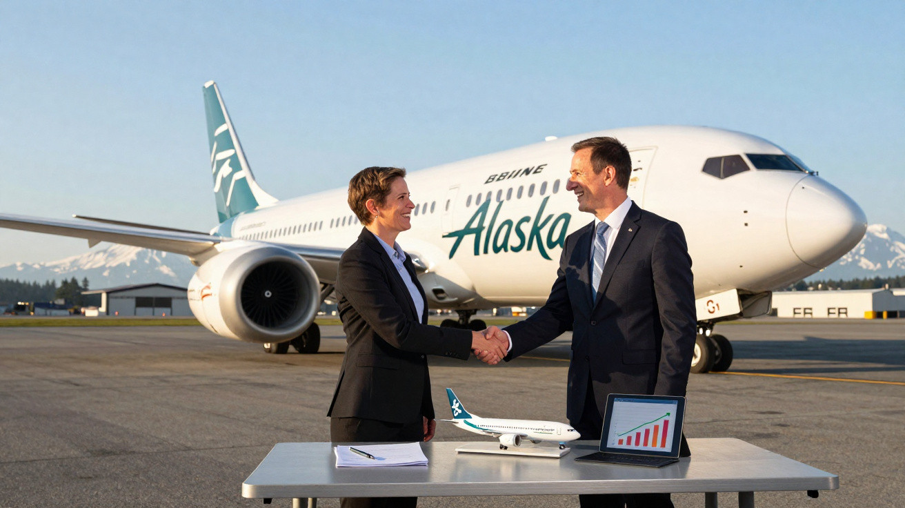 Duas pessoas apertando mãos em um aeroporto com avião da Alaska Airlines ao fundo e gráficos na mesa.