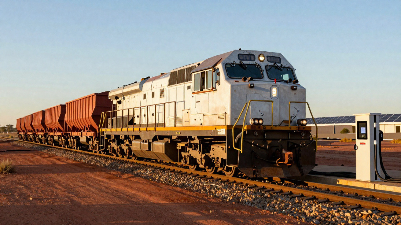 Trem de carga cinza estacionado em ferrovia deserta ao pôr do sol com estação de carregamento elétrica.