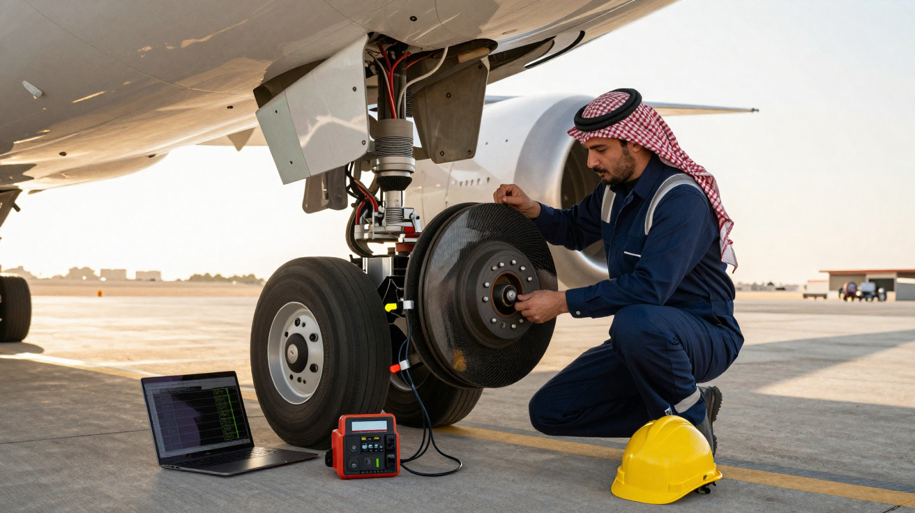 Homem árabe inspecionando o trem de pouso de avião com laptop e equipamentos no chão.