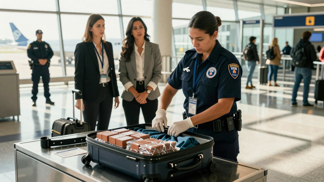 Agente de segurança inspecionando mala em aeroporto enquanto duas mulheres observam.