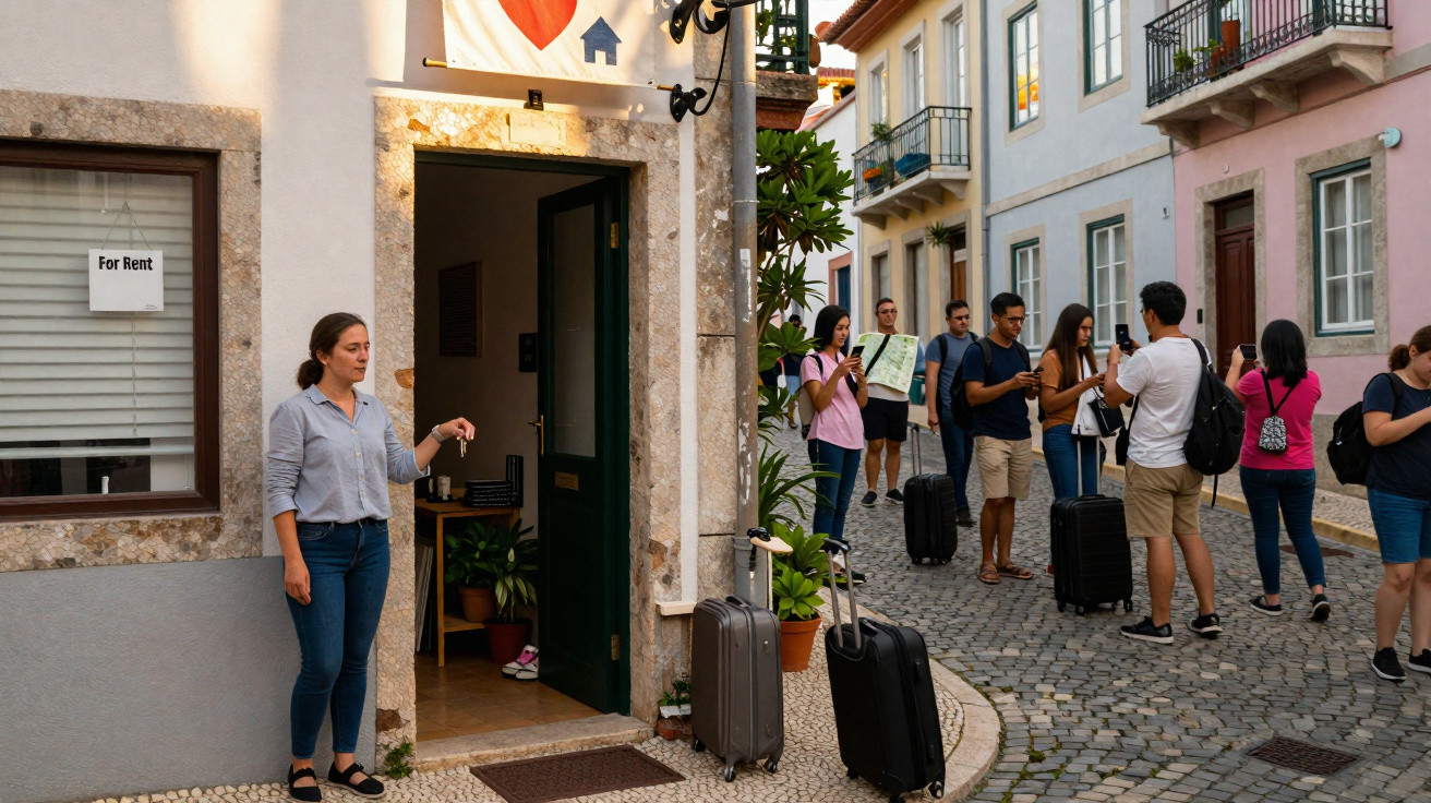 Mulher segurando chave na porta de casa para alugar, com turistas e malas em rua de paralelepípedo.