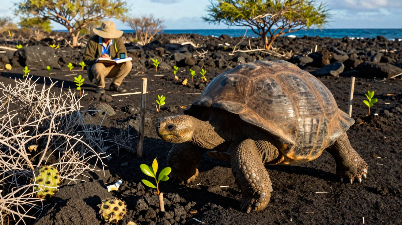Tartaruga gigante caminhando em solo vulcânico com homem observando e anotando ao fundo nas Galápagos.
