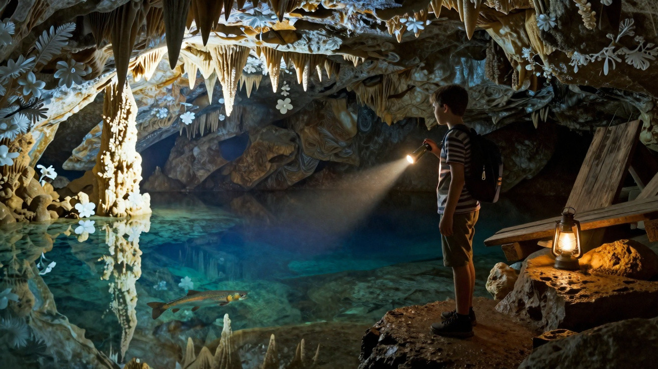Menino com mochila e lanterna explora caverna com lago cristalino e formações rochosas pendentes.
