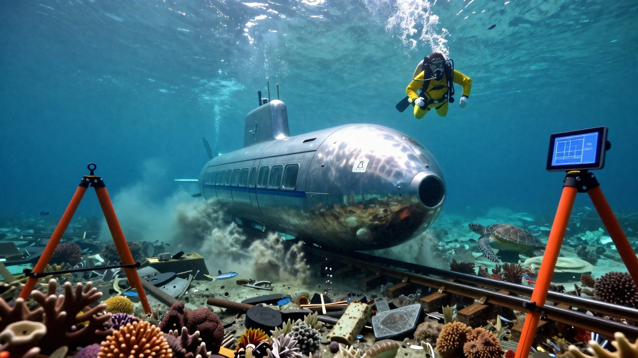 Submarino metálico em fundo do mar com trilhos e mergulhador próximo explorando o ambiente.