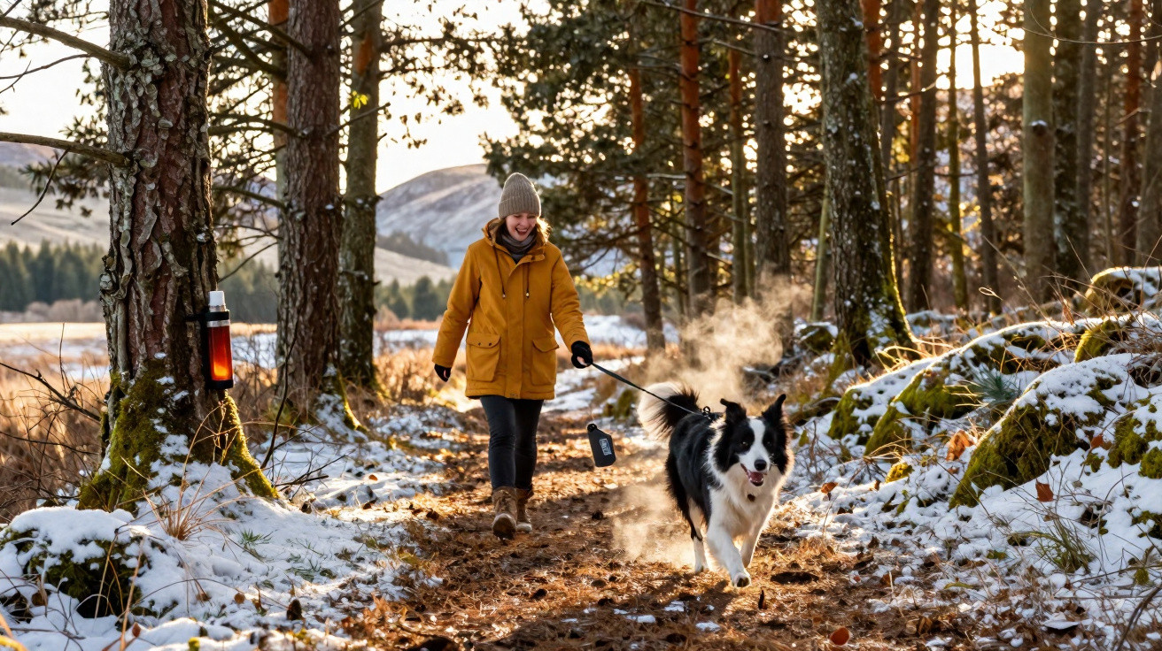 Pessoa caminhando com cachorro em trilha de floresta com chão coberto de neve e luz do sol.