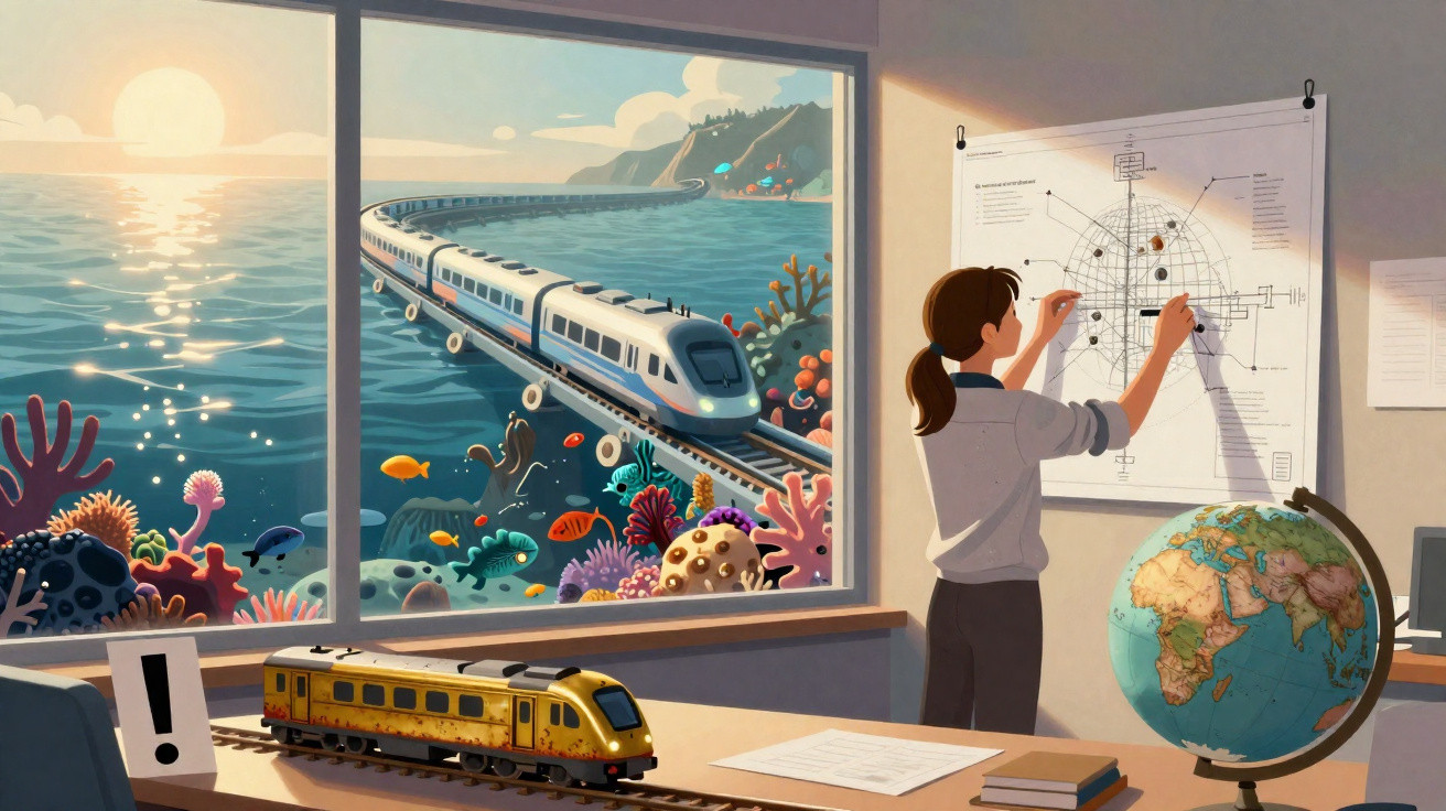 Mulher em escritório com mapa na parede, globo terrestre, modelo de trem e janela com trem sobre trilho no mar ao pôr do sol.