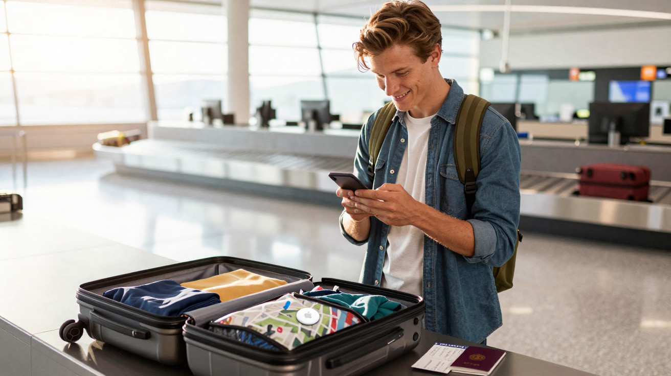 Jovem sorrindo e usando celular ao lado de mala aberta em esteira de aeroporto com passaporte e ticket.