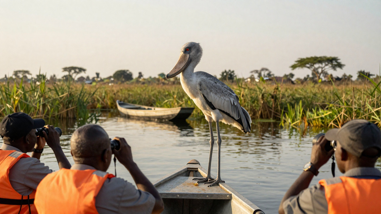 Pássaro grande em pé na frente de um barco, com três homens de colete laranja observando com binóculos.
