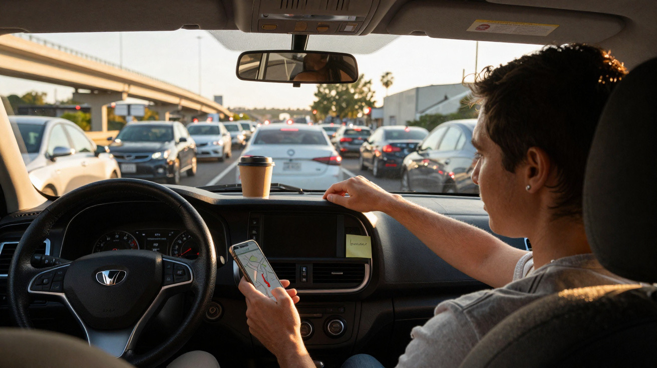 Pessoa usando celular com mapa dentro de carro em congestionamento urbano ao entardecer.