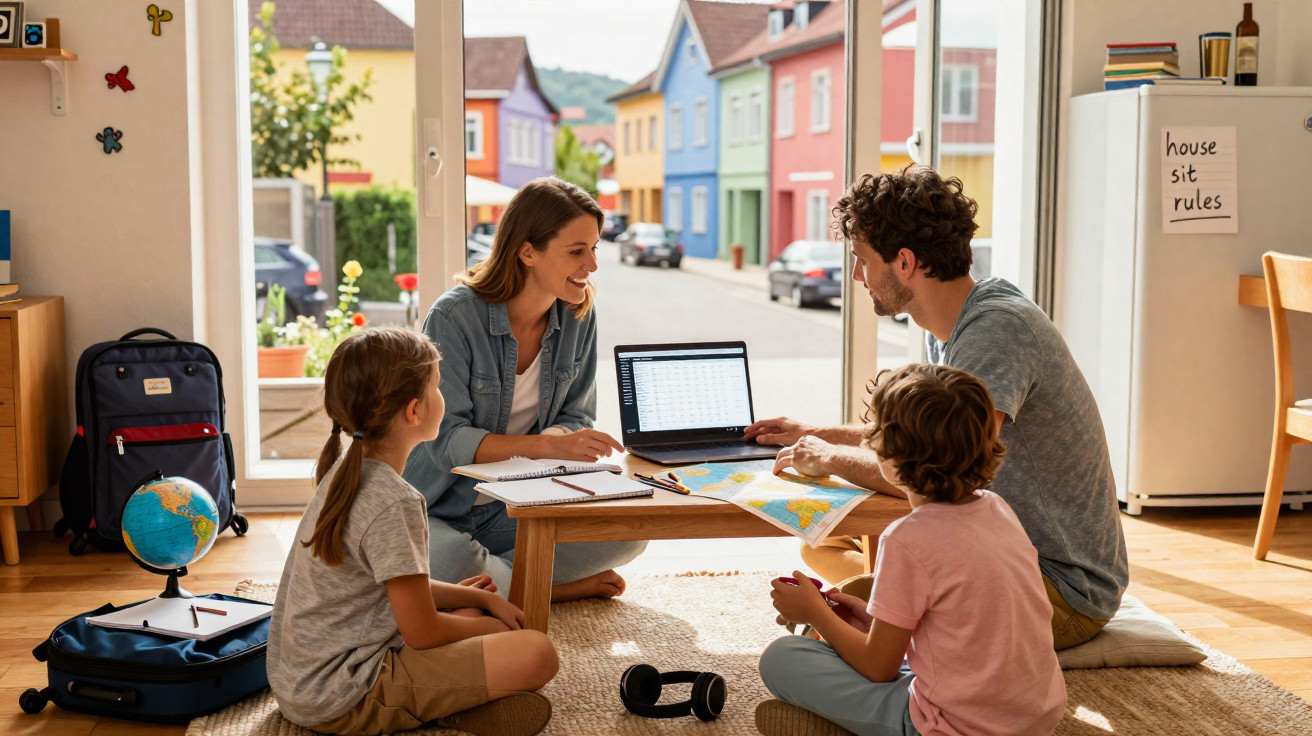 Família reunida no chão da sala, estudando com laptop, cadernos e mapa em mesa baixa perto da porta aberta.