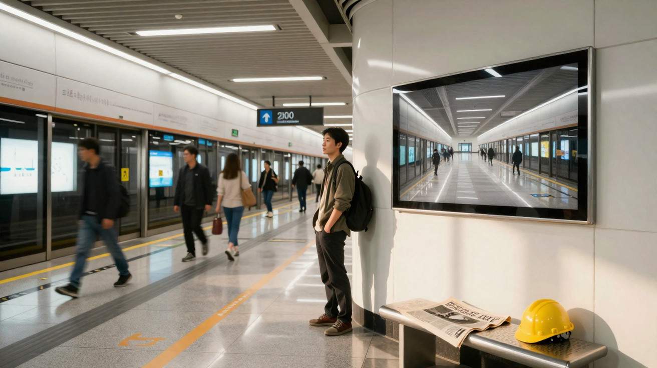 Estação de metrô com pessoas caminhando, jovem encostado em parede e tela exibindo corredor da estação.