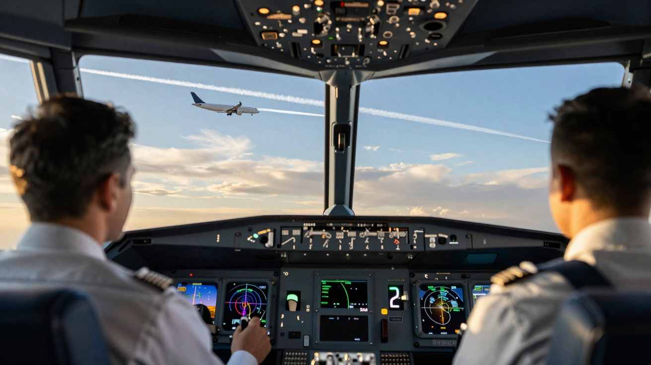 Dois pilotos dentro da cabine de comando de avião observando outra aeronave voando ao céu.