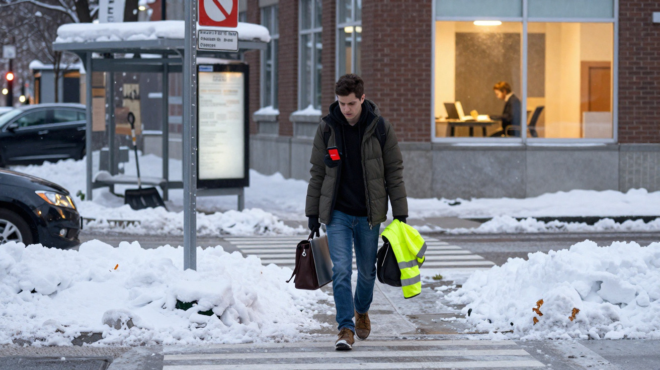 Homem atravessa rua com neve, carregando bolsa e colete refletivo amarelo, com edifício ao fundo.