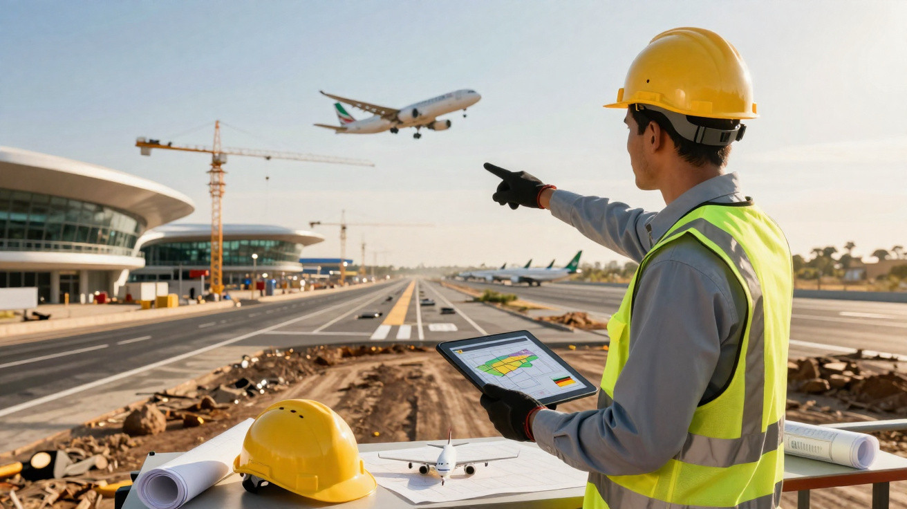 Engenheiro em capacete e colete, com tablet, aponta avião pousando em obra no aeroporto.