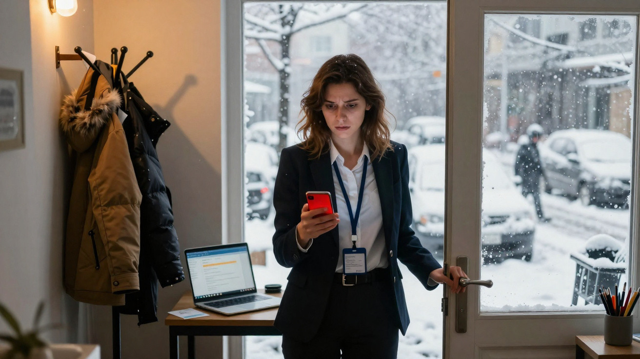 Mulher de negócios olhando celular em escritório moderno com neve do lado de fora pela porta de vidro.