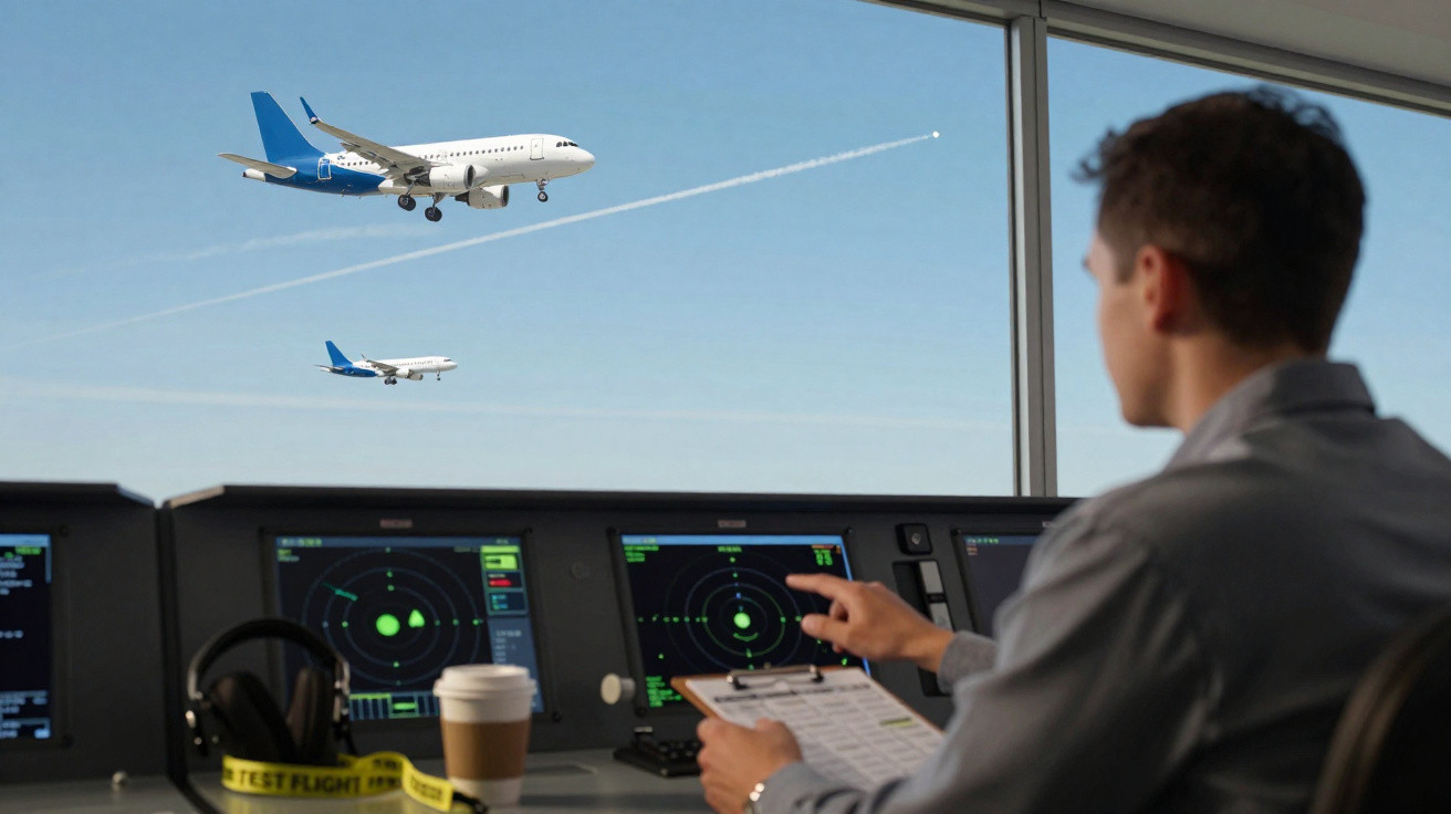Controlador de tráfego aéreo monitorando aviões pousando com radares e checklist na cabine.