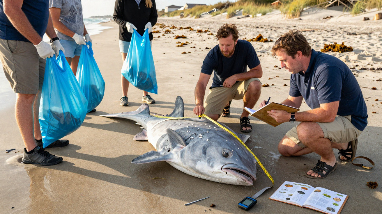 Equipe medindo e registrando um grande peixe encalhado na praia durante estudo científico.