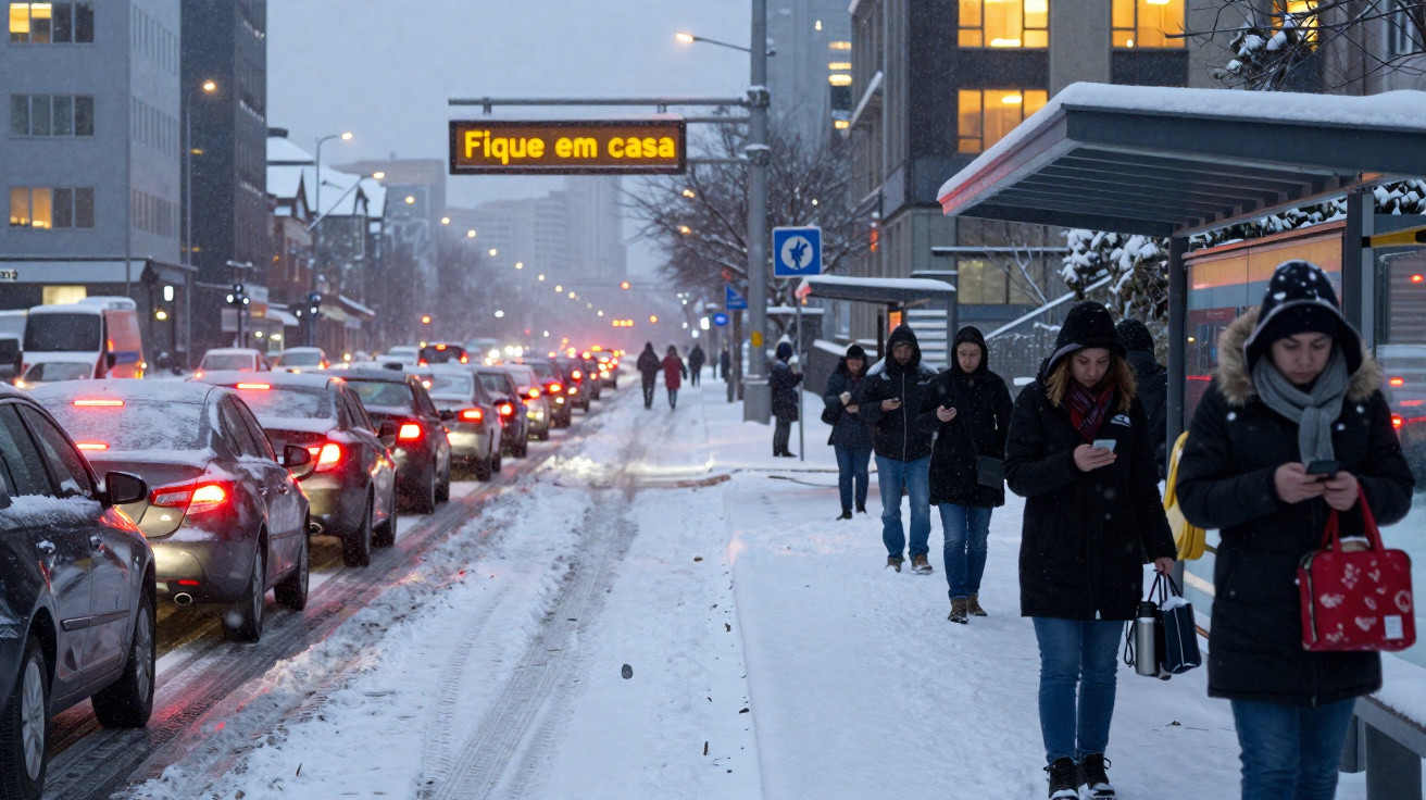 Rua urbana com trânsito lento e pedestres caminhando na neve, sinal eletrônico com mensagem "Fique em casa".