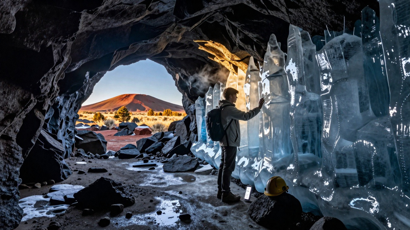 Pessoa com mochila toca formações de gelo dentro de caverna, vista para montanha e vegetação ao fundo.