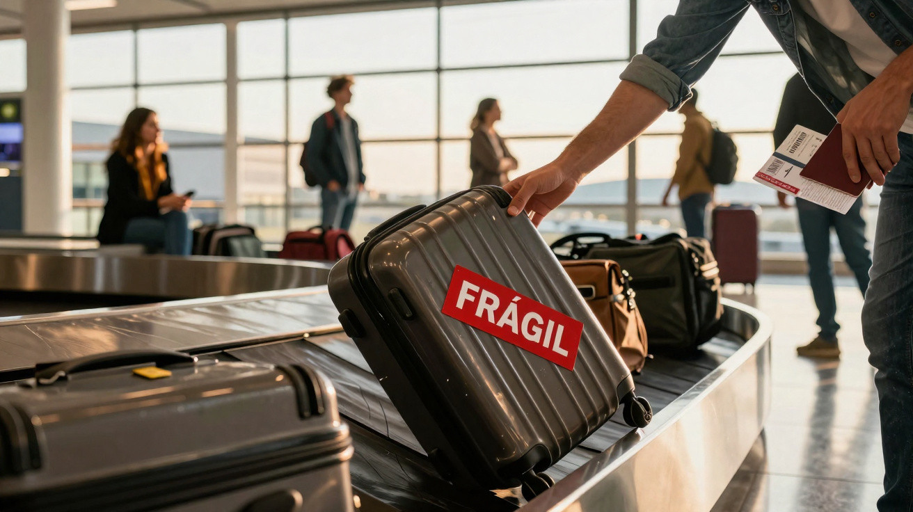 Mala preta com etiqueta "FRÁGIL" sendo retirada da esteira de bagagens em aeroporto movimentado.