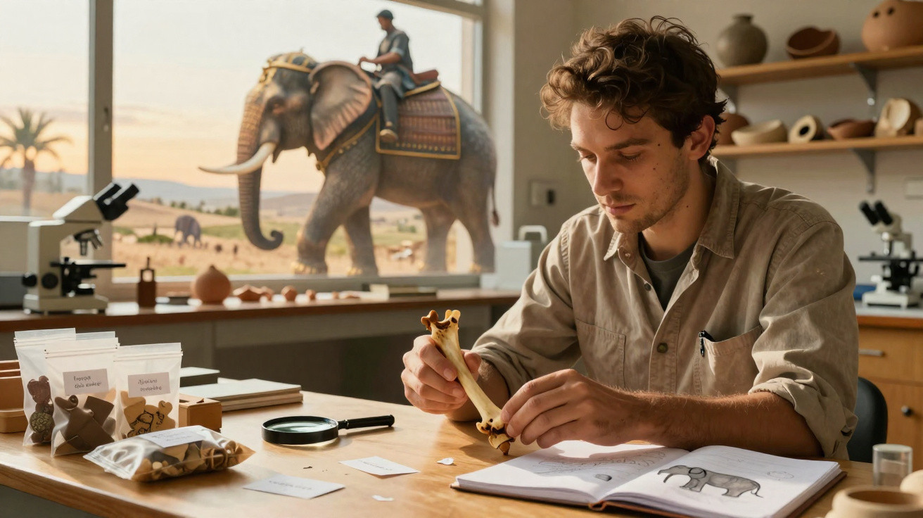 Jovem estuda ossos de animal em laboratório com modelo de elefante gigante e microscópios ao fundo.