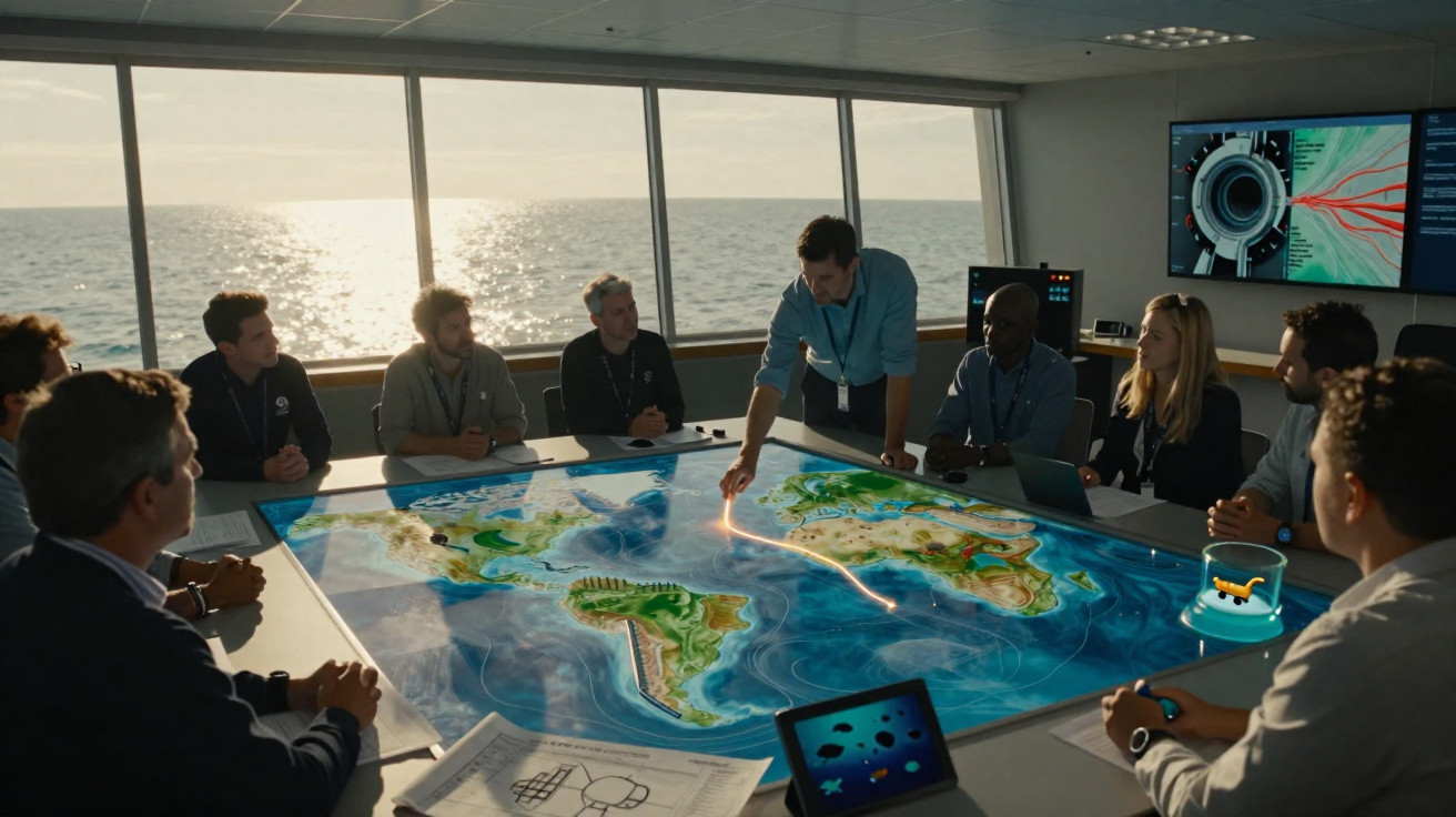 Equipe reunida em sala com grande mesa digital interativa exibindo mapas do oceano.
