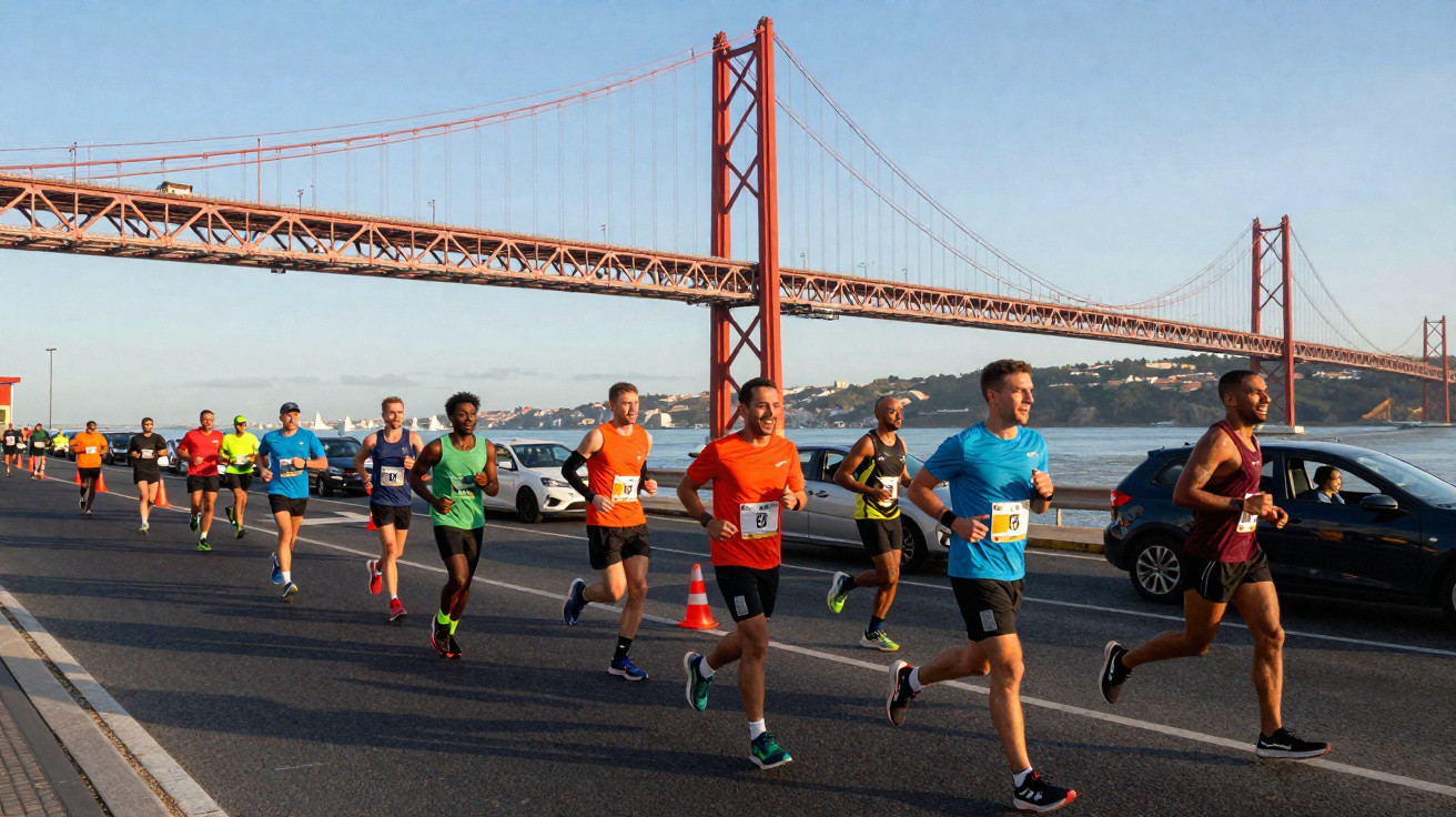 Grupo de corredores participando de uma corrida perto de uma ponte vermelha sobre rio em dia ensolarado.