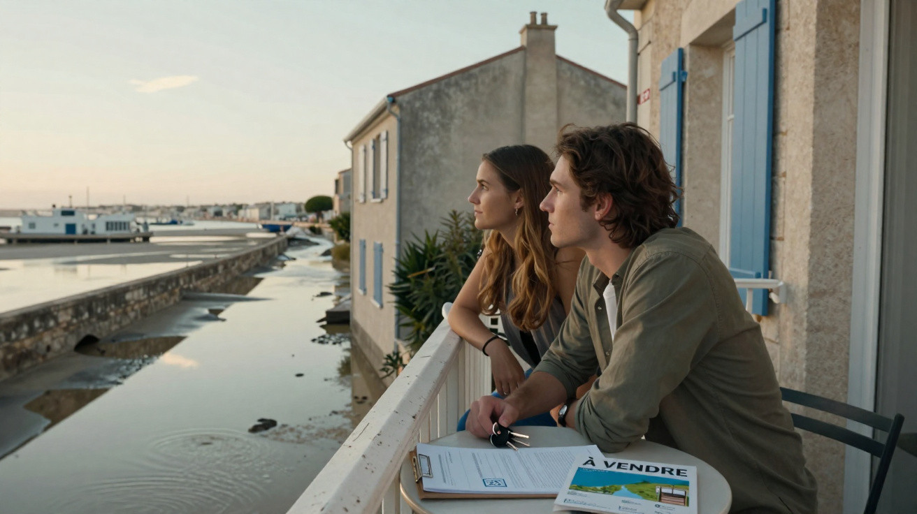 Casal jovem observando a paisagem do mar em varanda com documento de venda de imóvel.