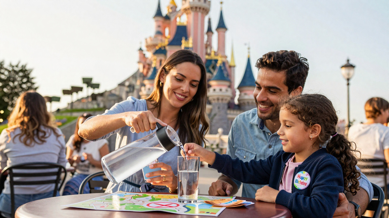 Família feliz sentada em mesa ao ar livre com castelo ao fundo, mulher servindo água para menina sorridente.