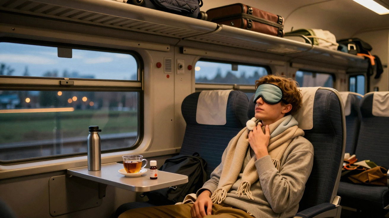 Jovem com máscara de sono e cachecol sentado no trem, com chá e medicamento na mesa ao lado.